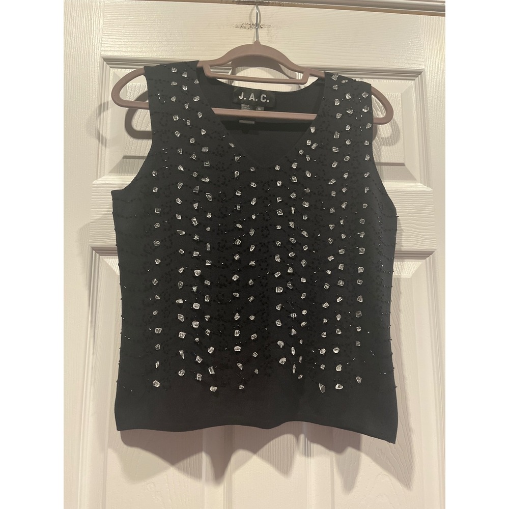 J.A.C. Silk Blend Beaded Crystal Embellished V-Neck Sleeveless Knit Top XL Black